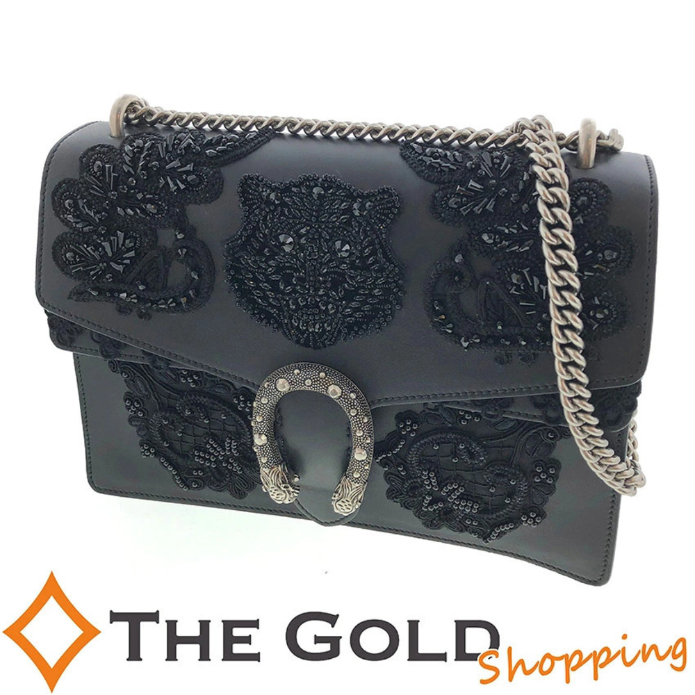 Gucci Dionysus Leather Chain Beads Lace The Shoulder Bag Gold Black